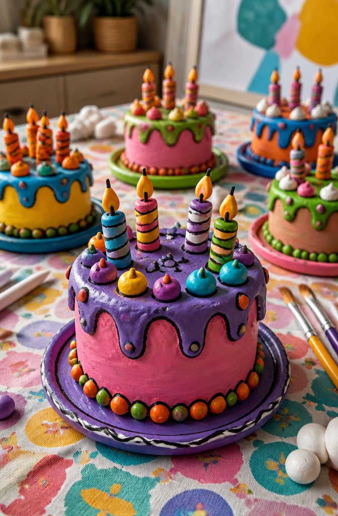 Air-dry clay cakes decorated with colorful acrylic paint.