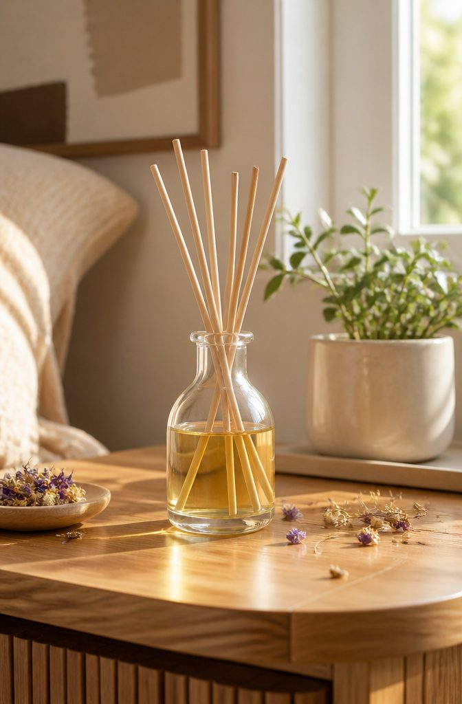 A small glass bottle containing rattan reeds and scented oil.