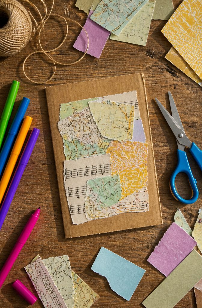 A thank-you card crafted from a flattened cereal box and scrap paper.