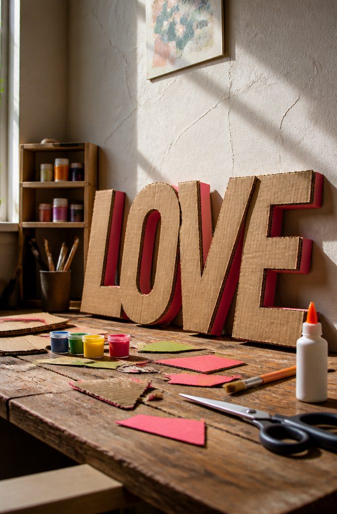 Cardboard letters stacked to form a four-letter word art piece.