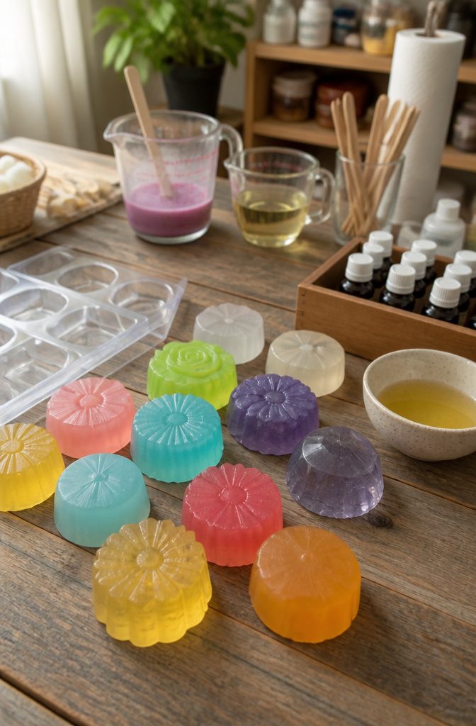 An assortment of colorful soap bars and molds on a wooden surface.