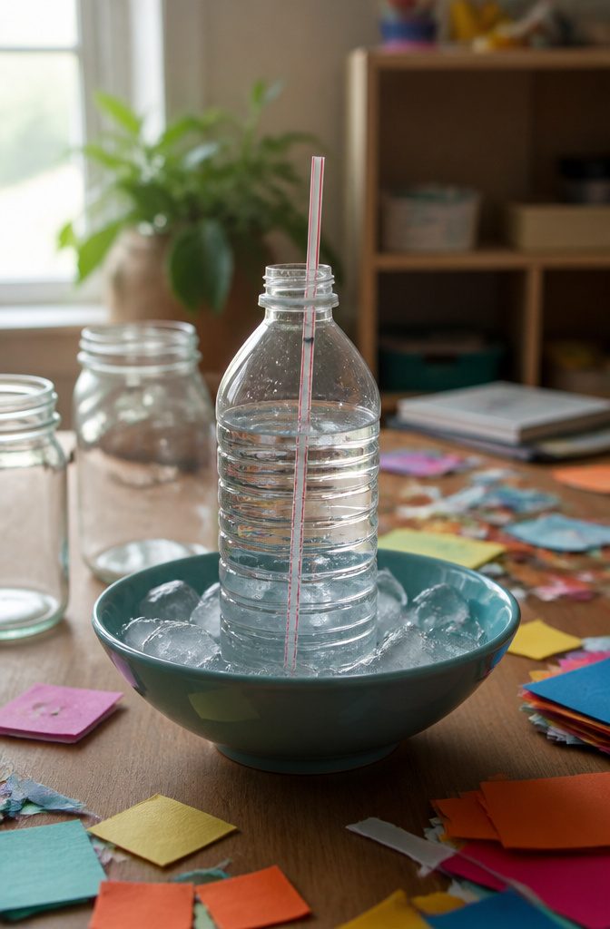 A plastic bottle with water and a straw in an ice-filled bowl.