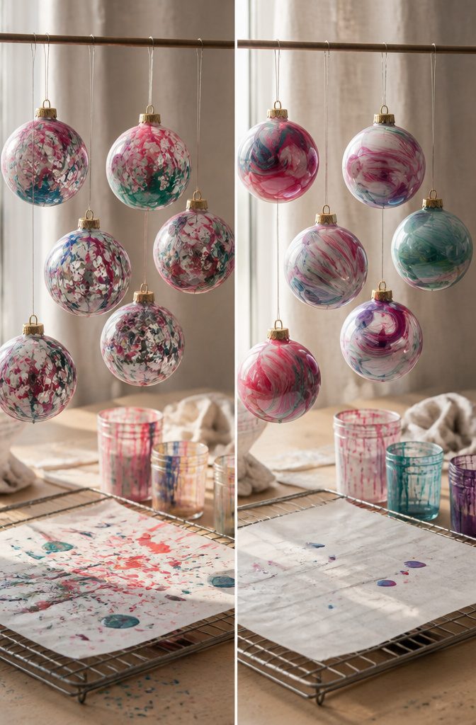Clear ornaments dipped in marbled nail polish patterns.
