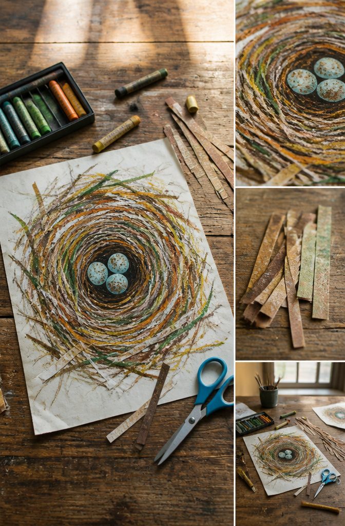 A colorful oil pastel nest artwork on tagboard.