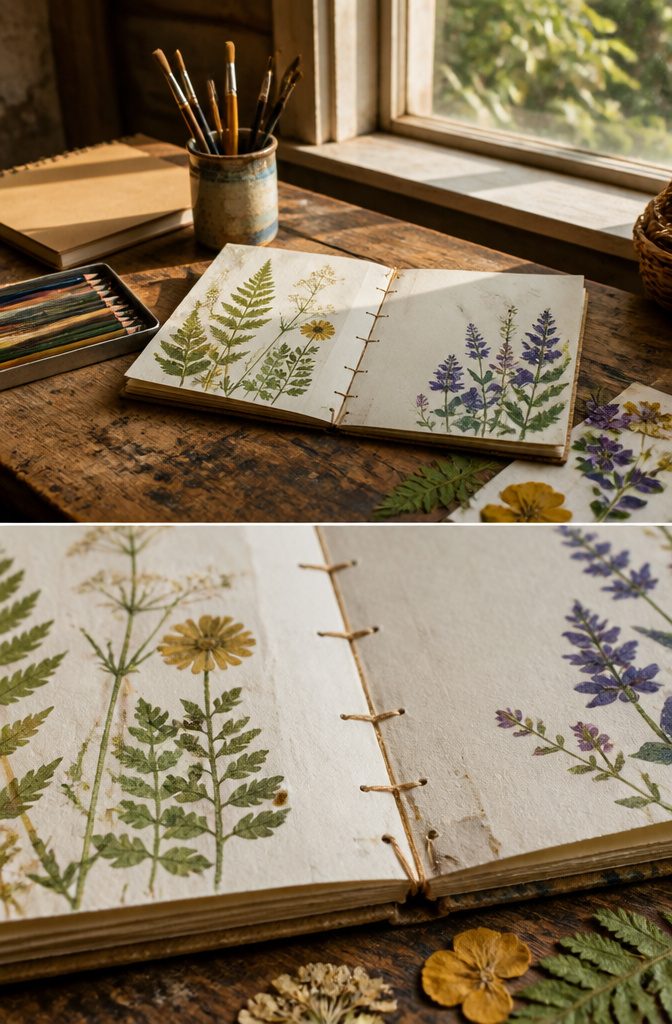 A handmade book with poems and illustrations about nature.