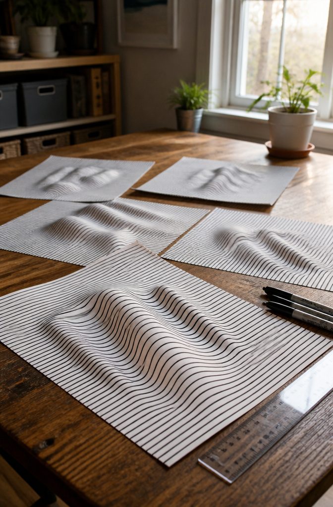 Paper sheets displaying intricate curved line designs creating depth.