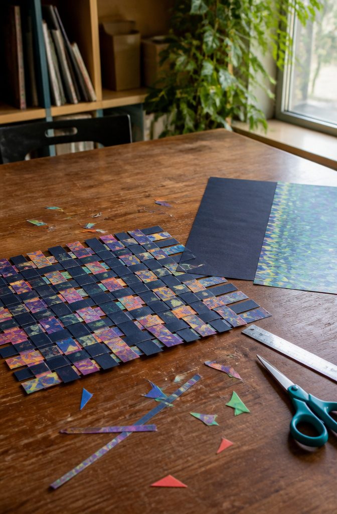 A completed paper weaving project with bright and dark strips.