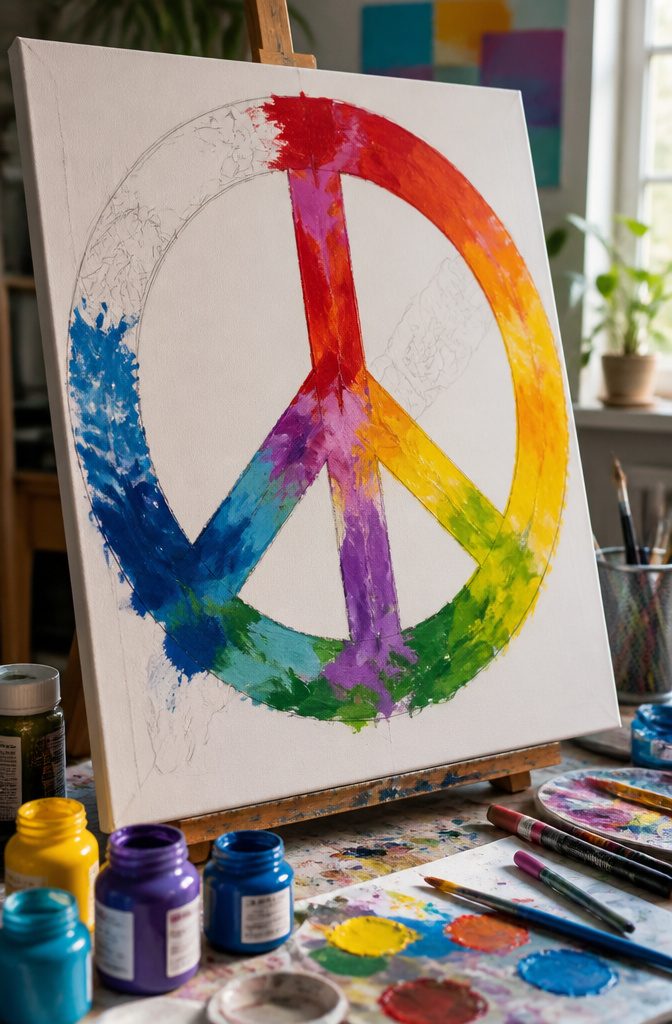 A painted peace sign on canvas with bright acrylic colors.