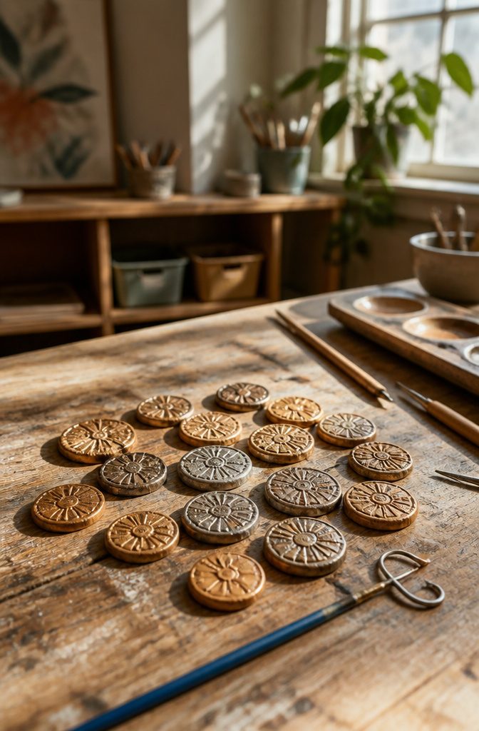A collection of air-dry clay coins with different carvings.