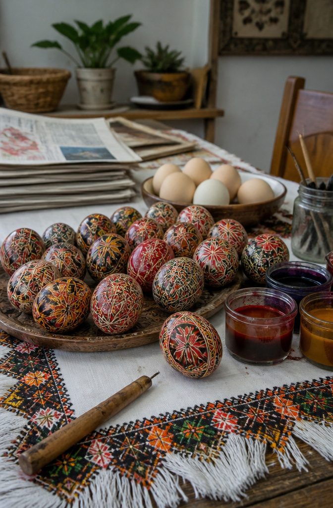 A collection of pysanky eggs with detailed patterns and dyes.