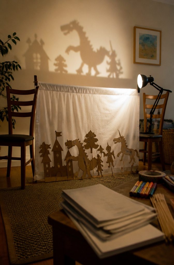 Cardboard cutouts attached to sticks for shadow puppetry.