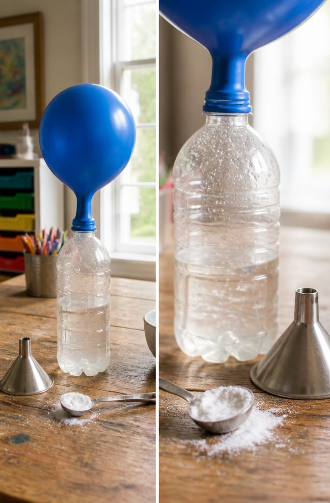 A balloon attached to a bottle filled with vinegar and baking soda.