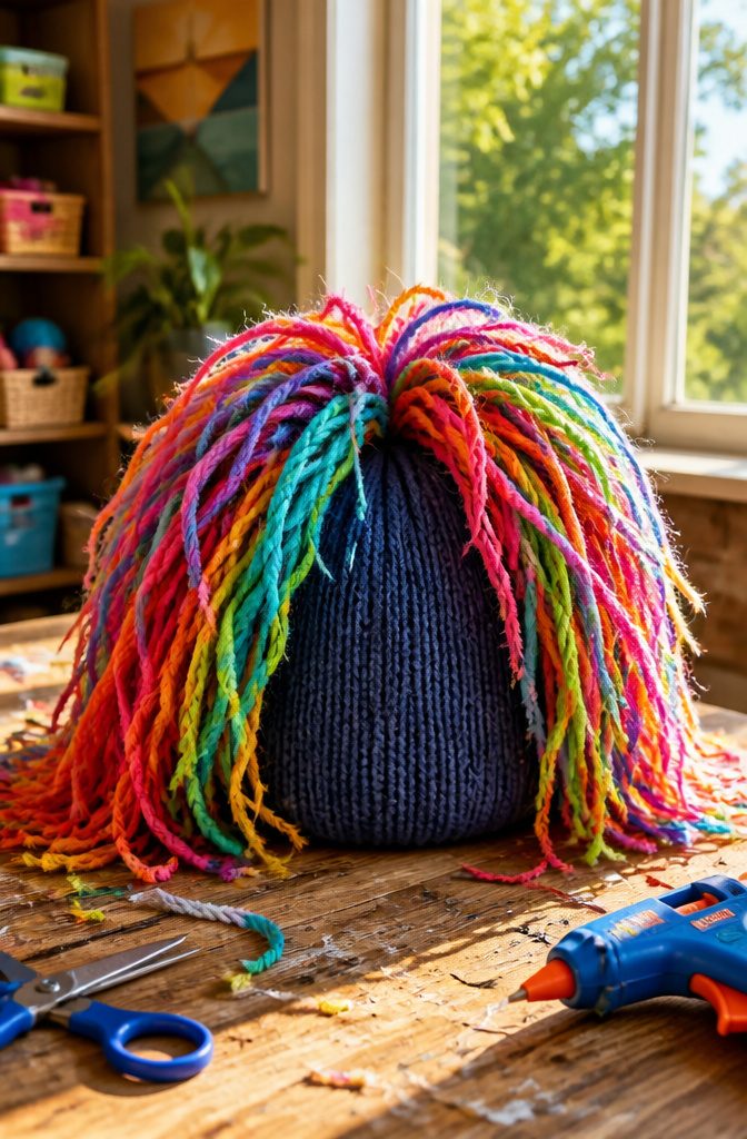 A swim cap covered with colorful yarn strands resembling hair.