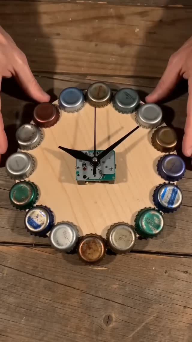 24 Art from Bottle Caps Ideas for Home, Gifts and Play 2 Handmade clock with colorful bottle caps as hour markers on a wooden base.