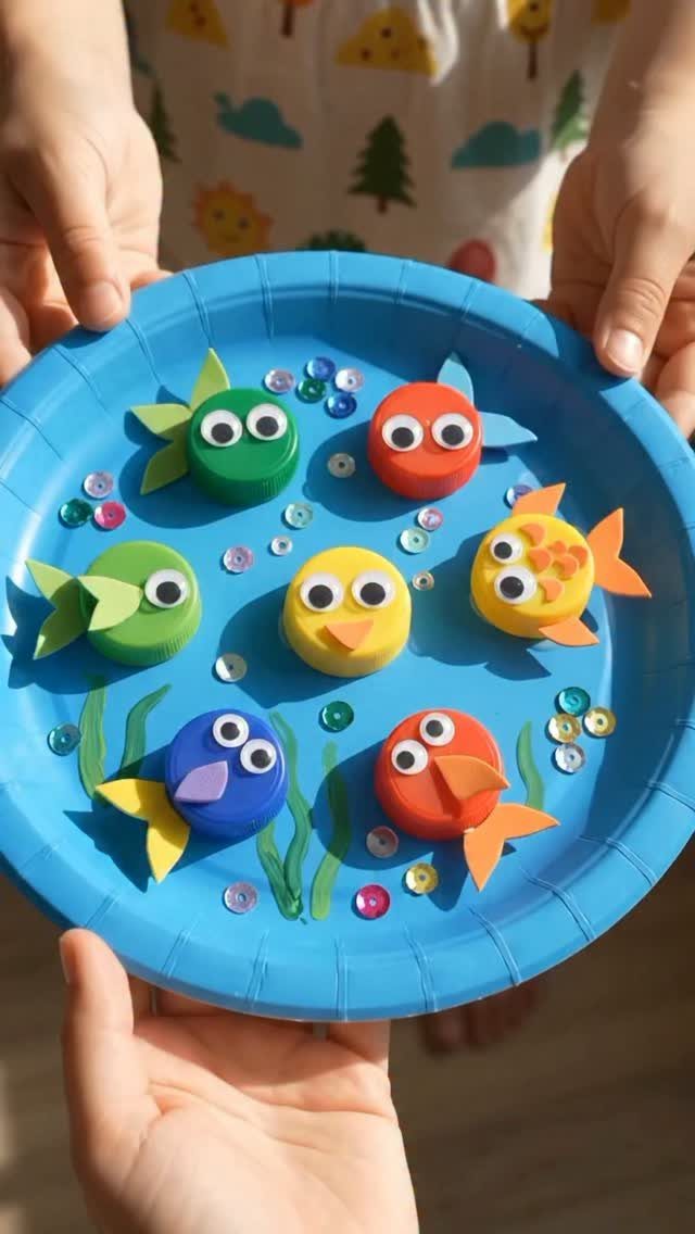 24 Art from Bottle Caps Ideas for Home, Gifts and Play 23 Colorful bottle cap fish on a blue paper plate ocean craft project.