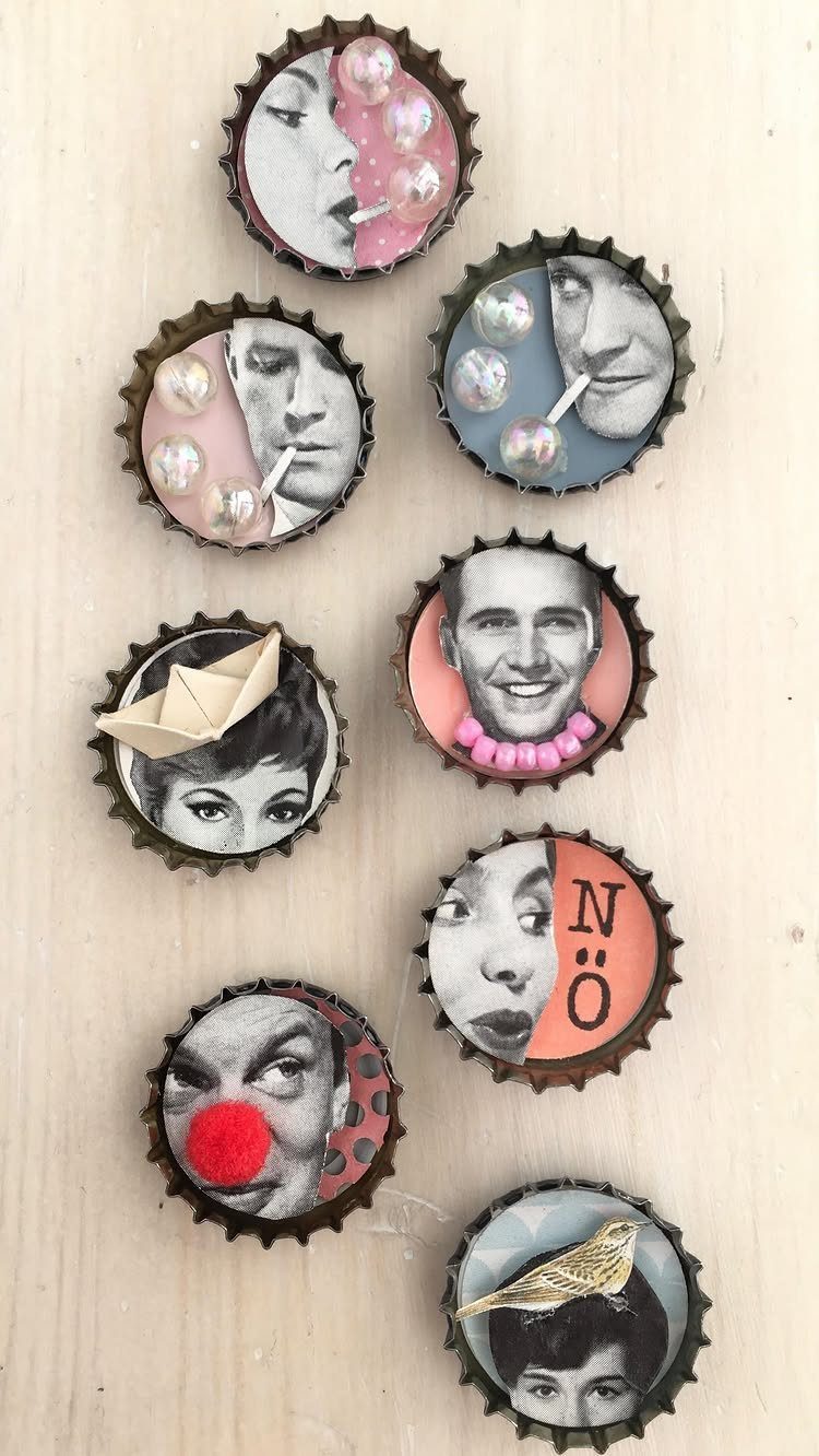 24 Art from Bottle Caps Ideas for Home, Gifts and Play 18 Bottle caps containing black and white portraits decorated with small beads and miniatures.