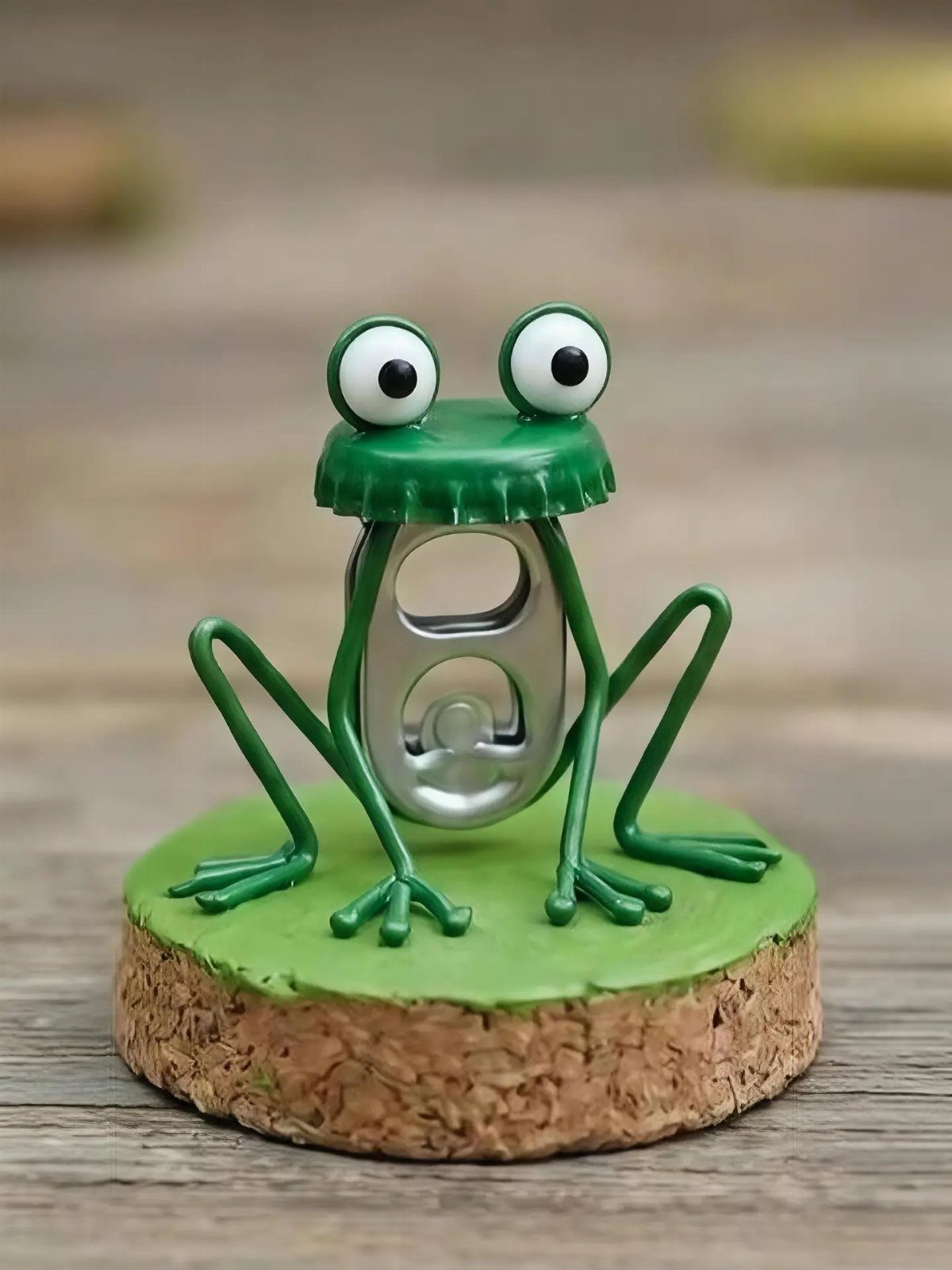 24 Art from Bottle Caps Ideas for Home, Gifts and Play 10 Green frog sculpture made from a bottle cap, can tab, and wire.