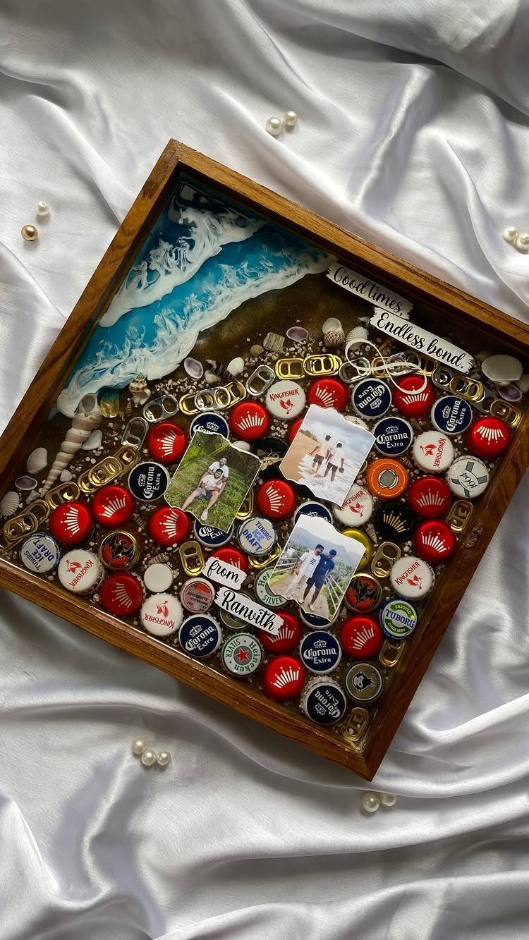24 Art from Bottle Caps Ideas for Home, Gifts and Play 3 Wooden serving tray with resin beach art, bottle caps, and small personal photographs.