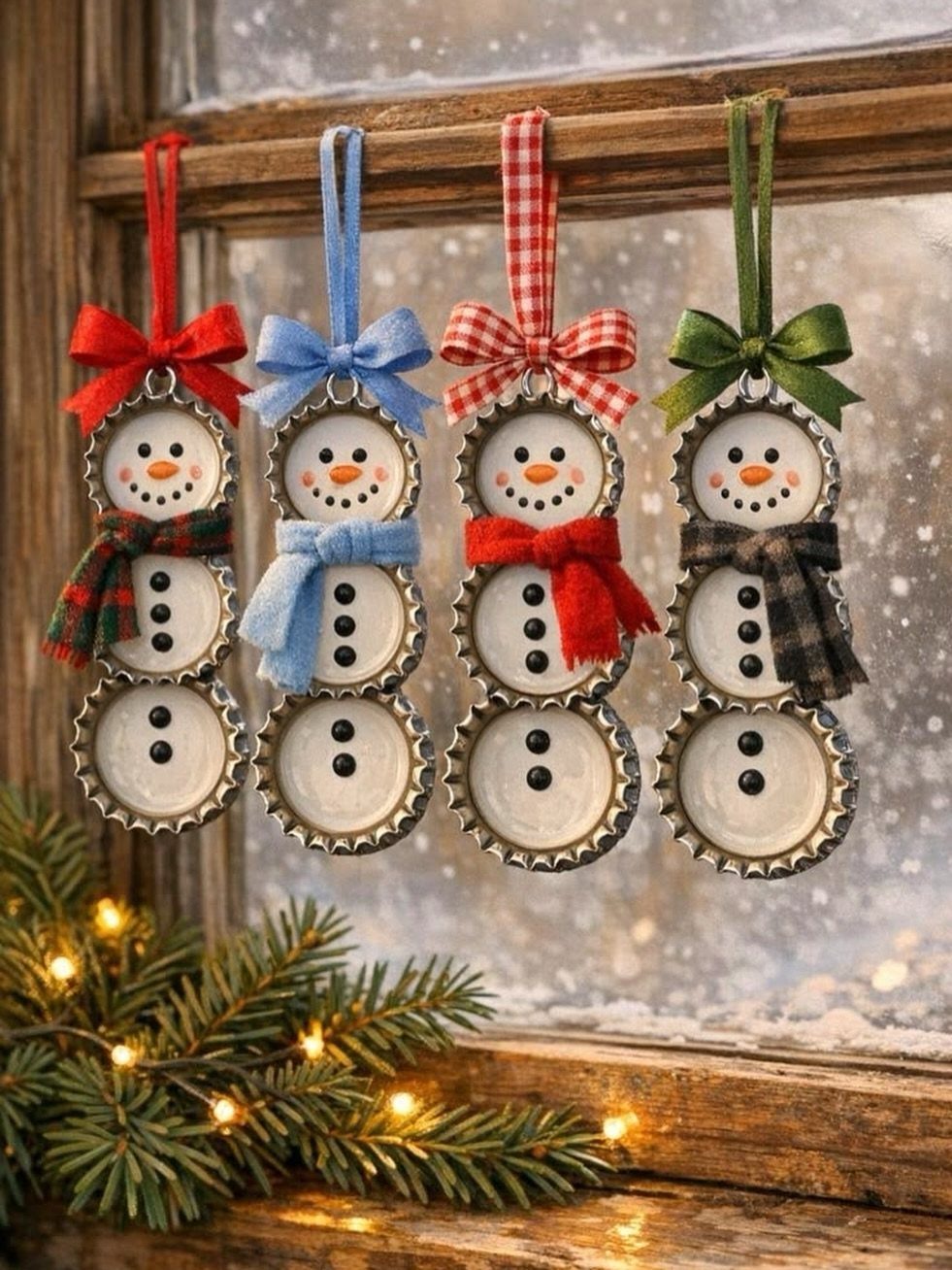 24 Art from Bottle Caps Ideas for Home, Gifts and Play 4 Four snowman ornaments made from bottle caps hanging by a snowy window.