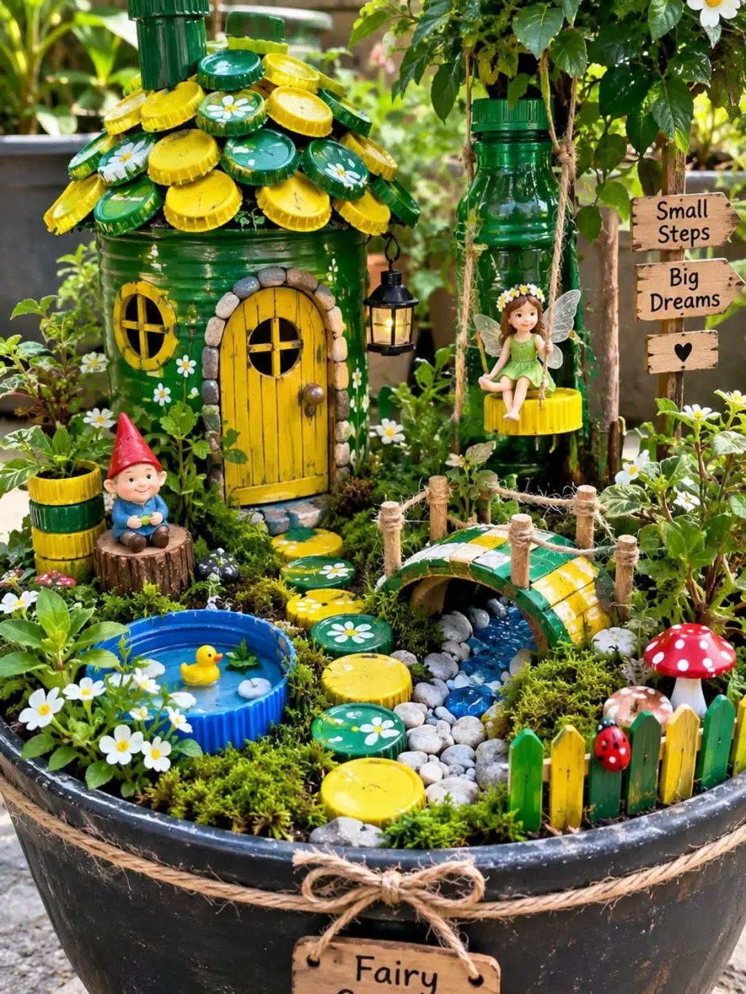 24 Art from Bottle Caps Ideas for Home, Gifts and Play 15 Miniature fairy garden house with a roof made of colorful bottle caps.