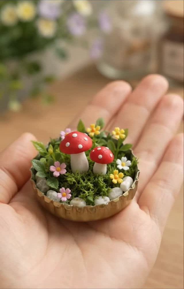 24 Art from Bottle Caps Ideas for Home, Gifts and Play 17 Miniature garden with red mushrooms and flowers inside a gold bottle cap.