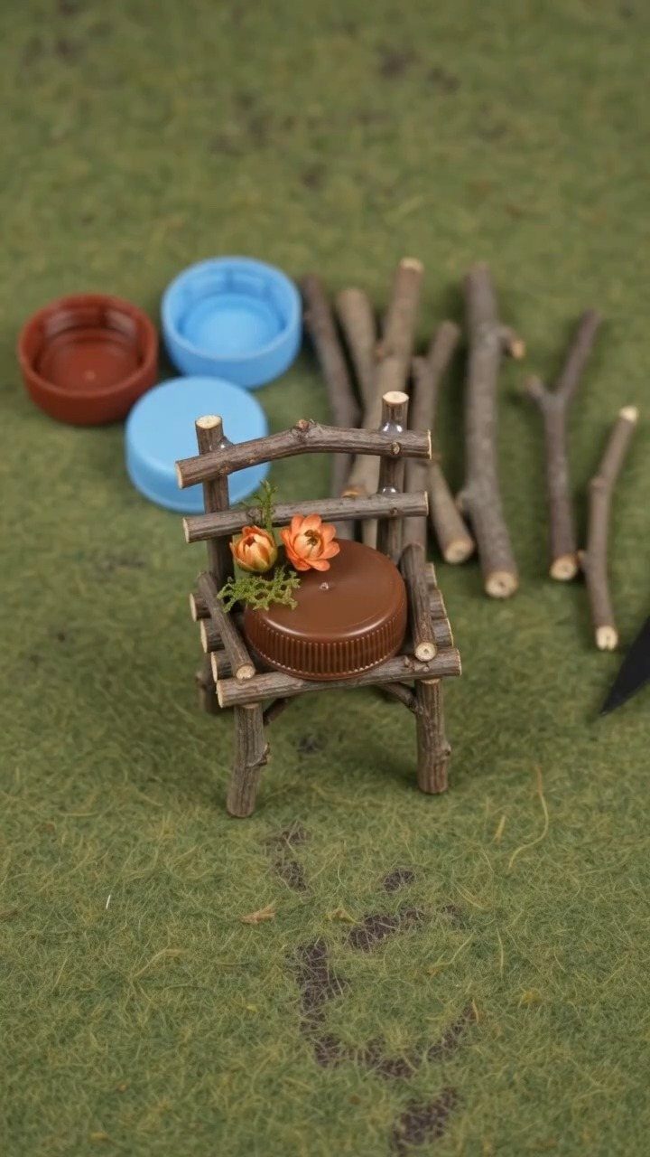 24 Art from Bottle Caps Ideas for Home, Gifts and Play 24 Miniature twig chair with a brown bottle cap seat and tiny orange flowers.