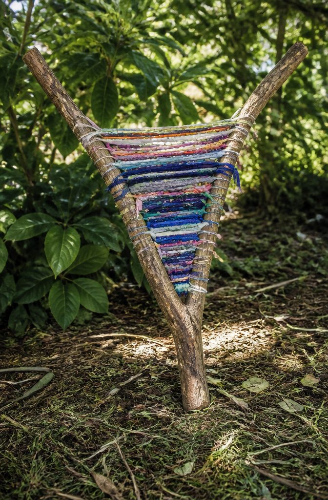 A Y-shaped branch with yarn woven between its arms.