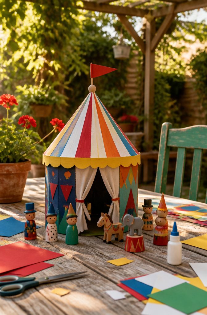 A colorful paper circus tent surrounded by figurines on a table.