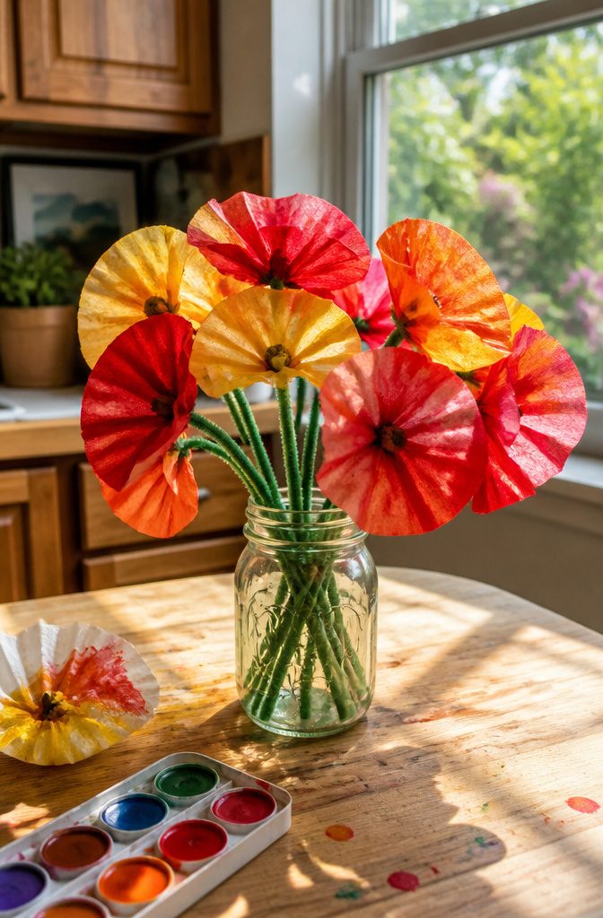 Colorful coffee filter poppies arranged in a mason jar on a kitchen counter.