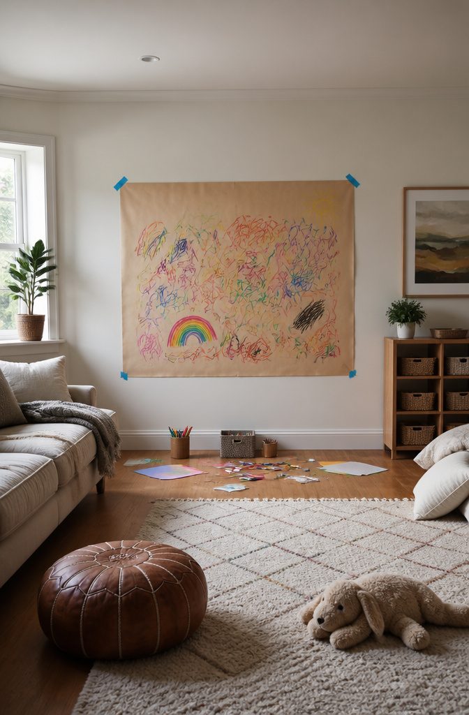 A wall covered in a large sheet of butcher paper for drawing.