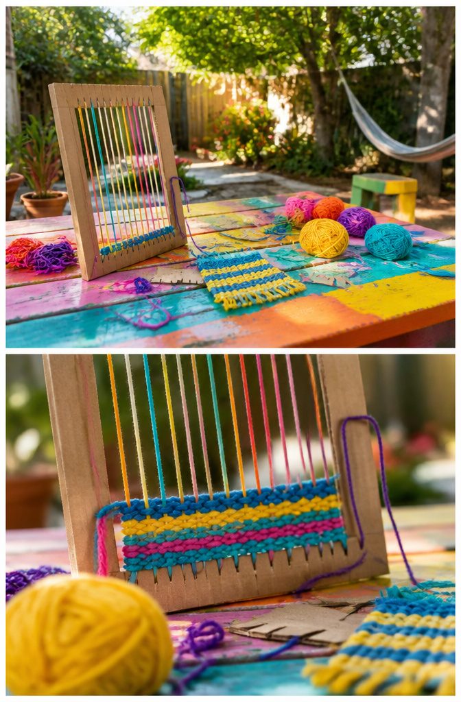 A cardboard loom with colorful threads being woven by children.