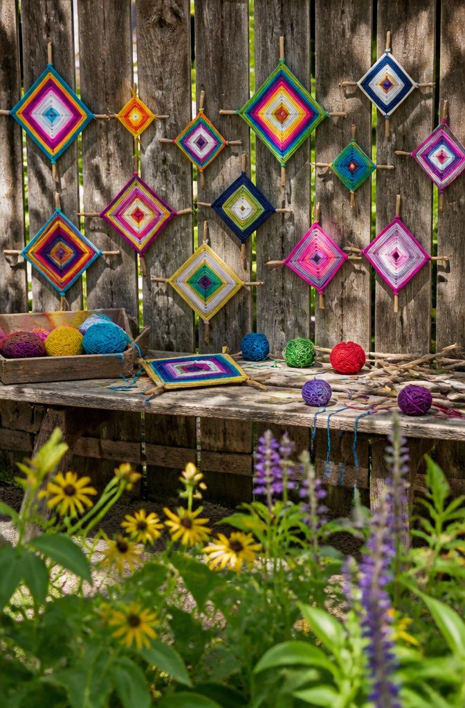 A collection of God's eyes woven from yarn and sticks hanging outside.