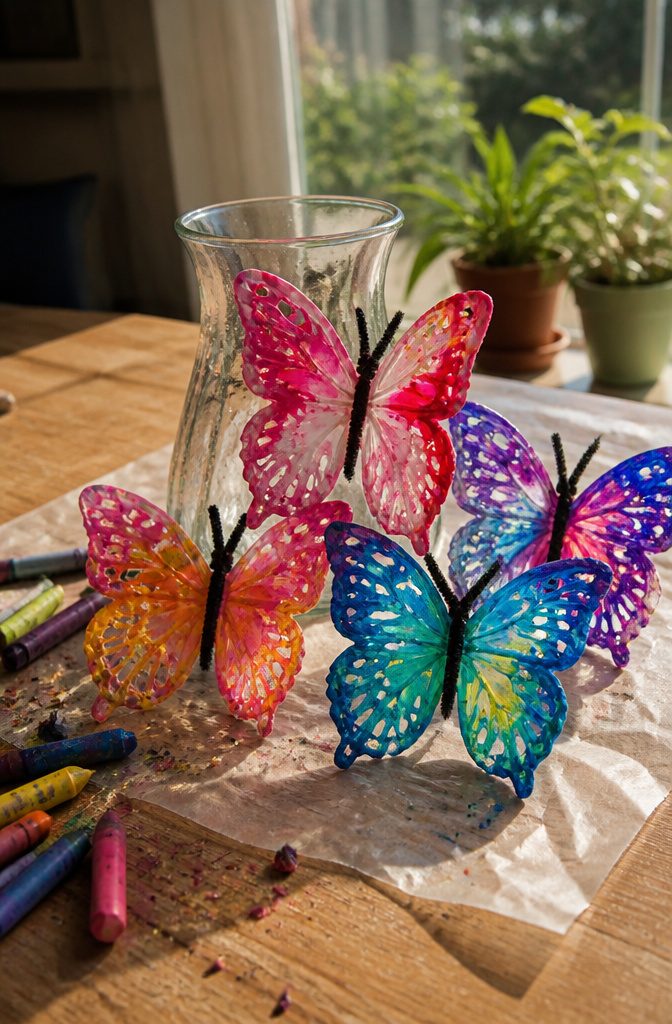 Colorful melted crayon butterflies arranged on wax paper in sunlight.