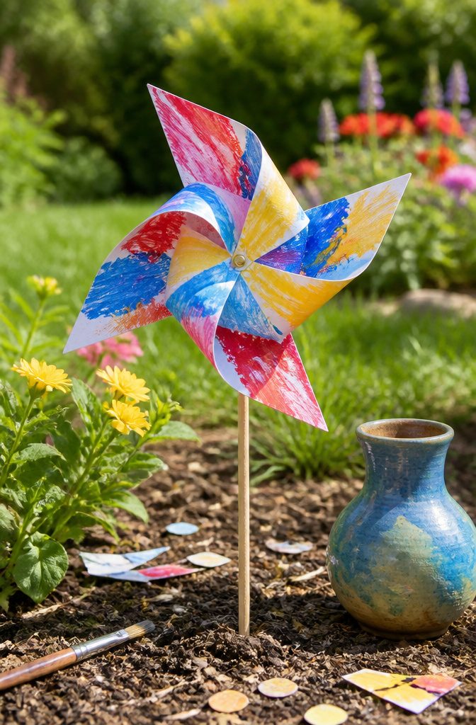 A colorful painted paper pinwheel in a garden with green grass and flowers.