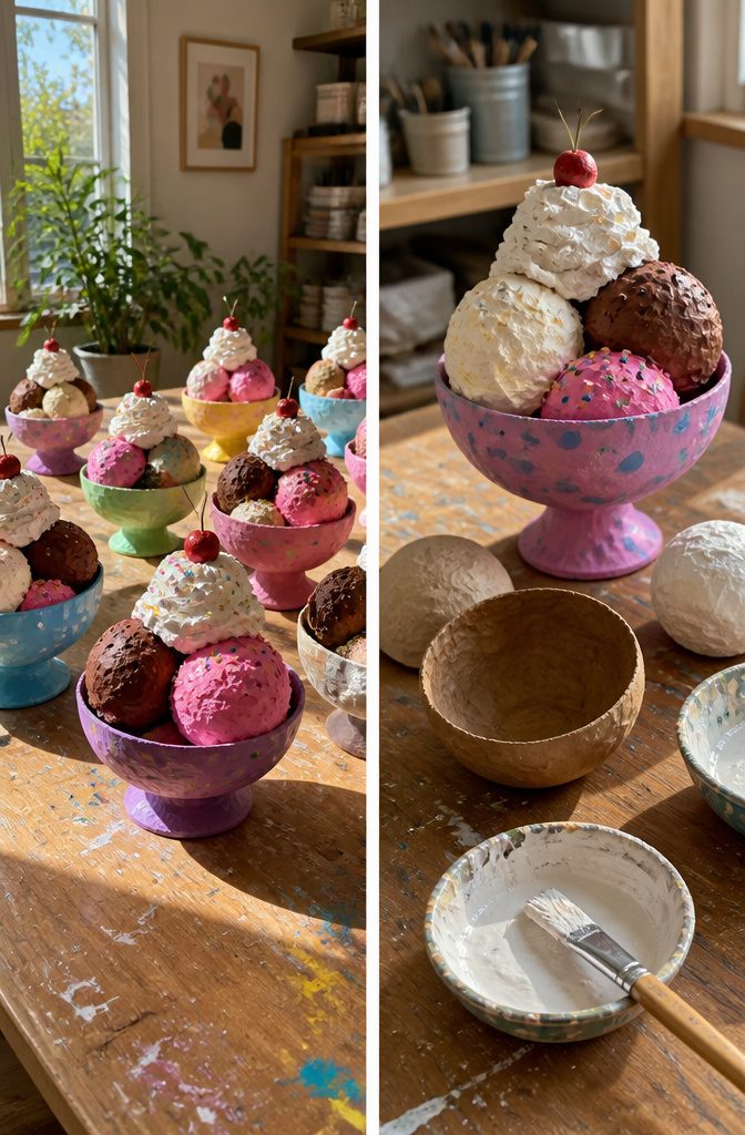 Colorful paper maché ice cream sundaes made with balloons and newspaper.