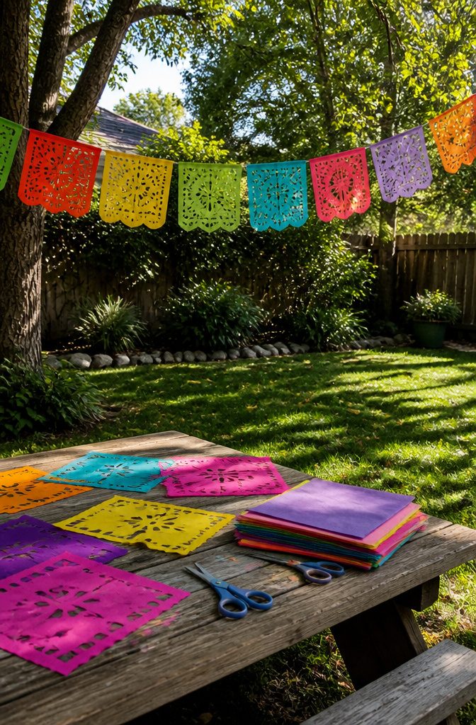 Intricate papel picado garland made from colorful tissue paper hanging outdoors.