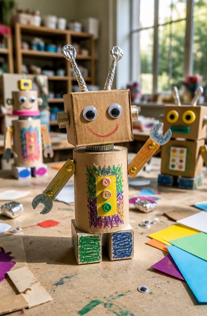 Robots made from cardboard tubes and boxes with articulated arms.