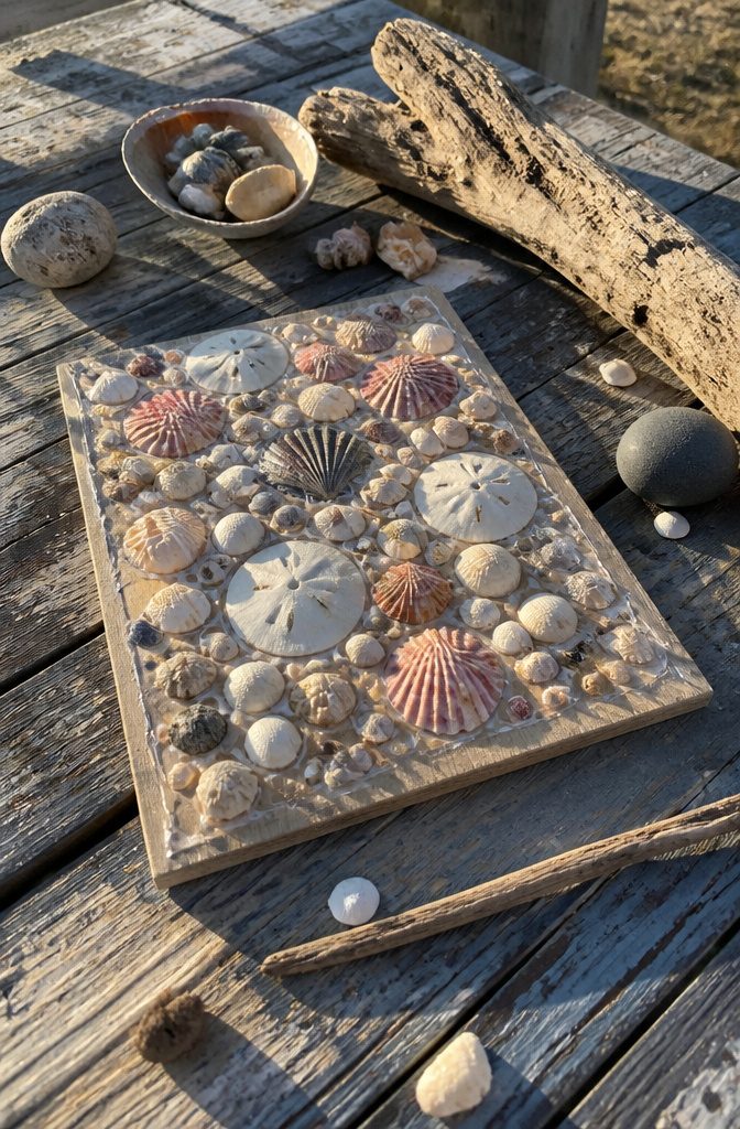 Seashells arranged on a wooden panel resting on a table.