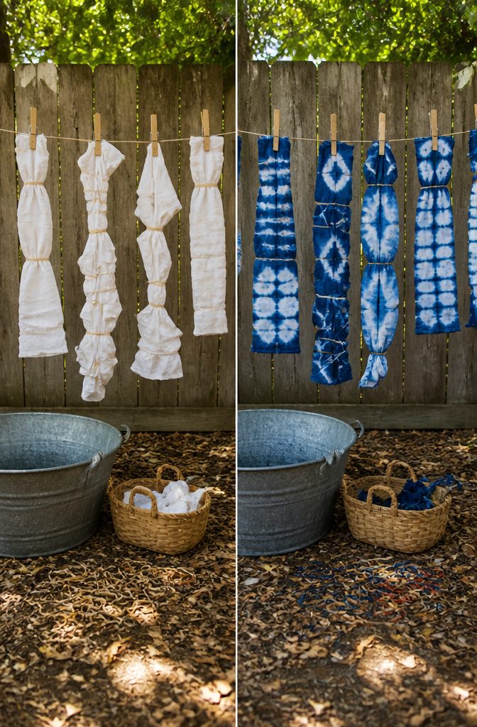Fabric dyed using the shibori technique with indigo dye and rubber bands.