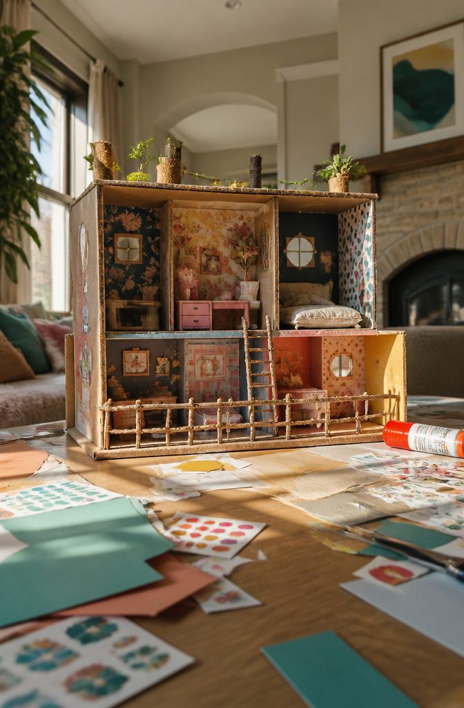 A decorated shoebox turned into a miniature house with various crafts.