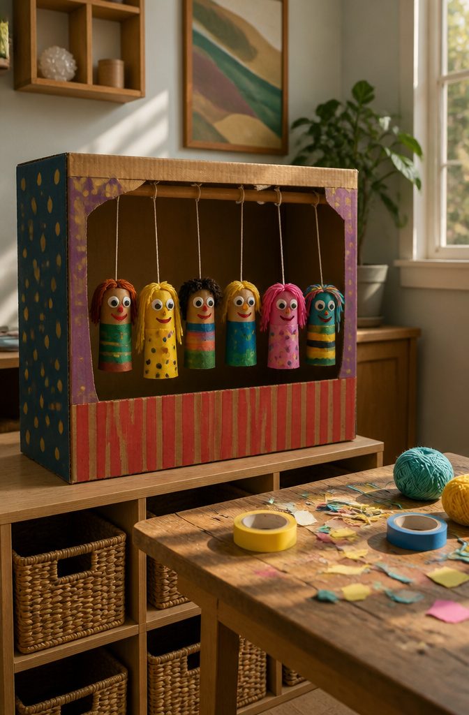 Marionettes made from toilet paper rolls displayed in a puppet theater.