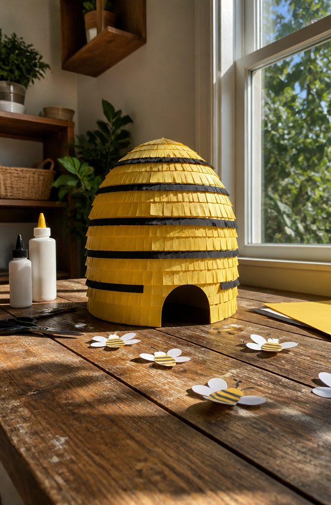 12 Easy August Crafts for Kids: Simple Summer Ideas 11 A paper beehive with black stripes and small paper bees.