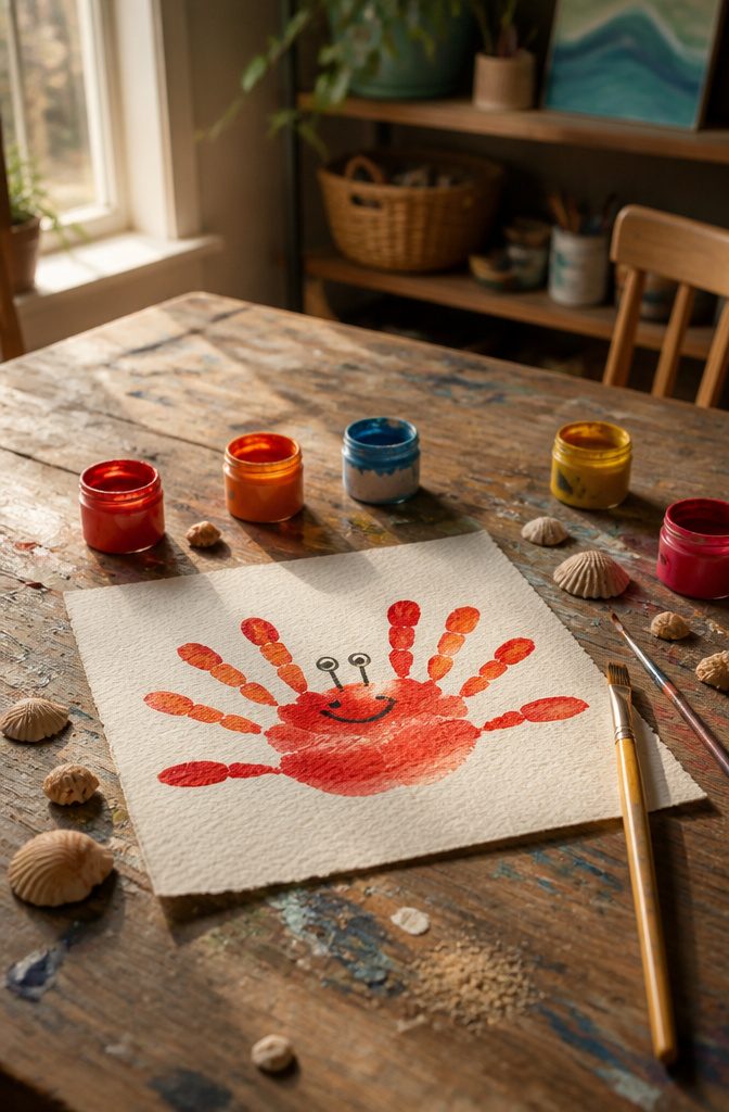 12 Easy August Crafts for Kids: Simple Summer Ideas 3 A red and orange handprint crab design on textured paper.