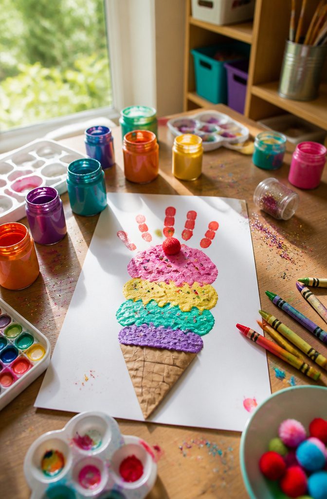 12 Easy August Crafts for Kids: Simple Summer Ideas 9 A colorful ice cream cone made from a child's handprint.