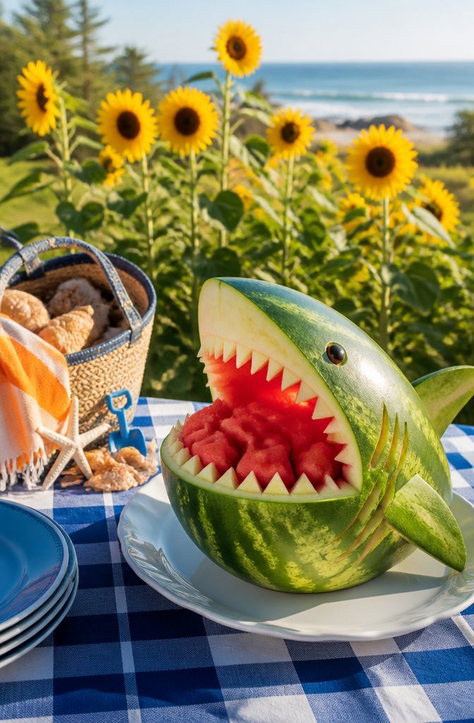 12 Easy August Crafts for Kids: Simple Summer Ideas 14 A carved watermelon shaped like a shark on a picnic table.