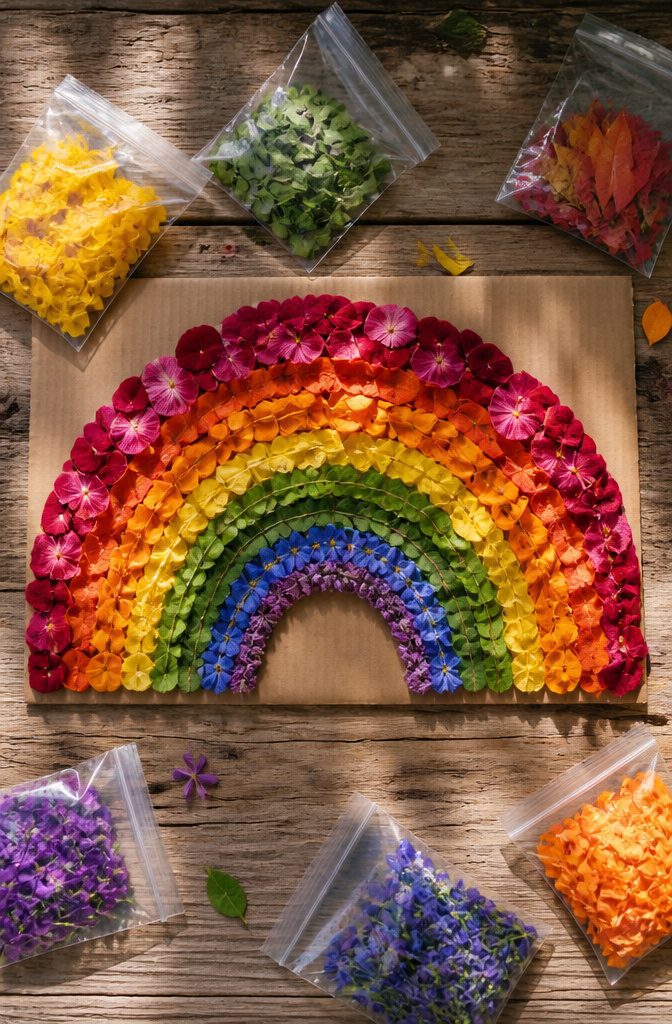 12 Easy August Crafts for Kids: Simple Summer Ideas 7 A collage made from various natural items arranged in a rainbow pattern.