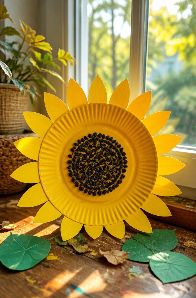 12 Easy August Crafts for Kids: Simple Summer Ideas 5 A yellow paper plate sunflower with a brown center and green leaves.