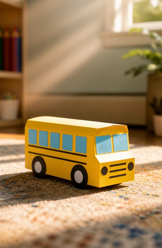 12 Easy August Crafts for Kids: Simple Summer Ideas 6 A simple yellow paper bus with cut windows and wheels.