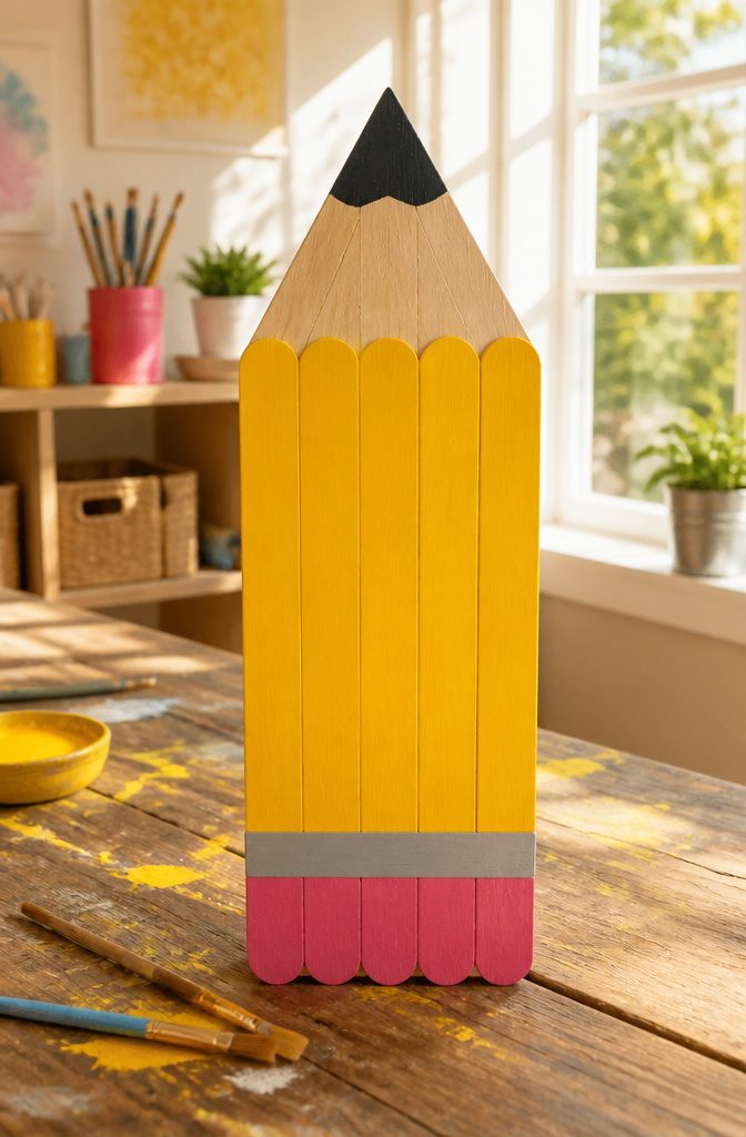 12 Easy August Crafts for Kids: Simple Summer Ideas 1 A row of popsicle sticks glued together to form a pencil shape.