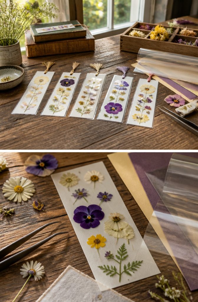 12 Easy August Crafts for Kids: Simple Summer Ideas 12 Bookmarks made from card stock and pressed flowers.